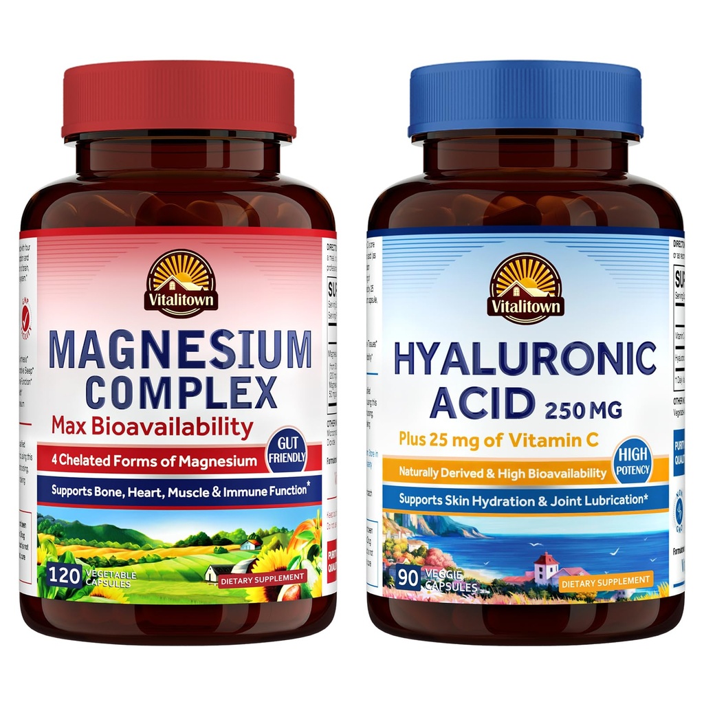 Vitalitown Magnesium + Hyaluronic Acid Bundle 124; komplex hořčíku (bod 1) & Hyaluronic Acid Plus Vitamin C (bod 2)