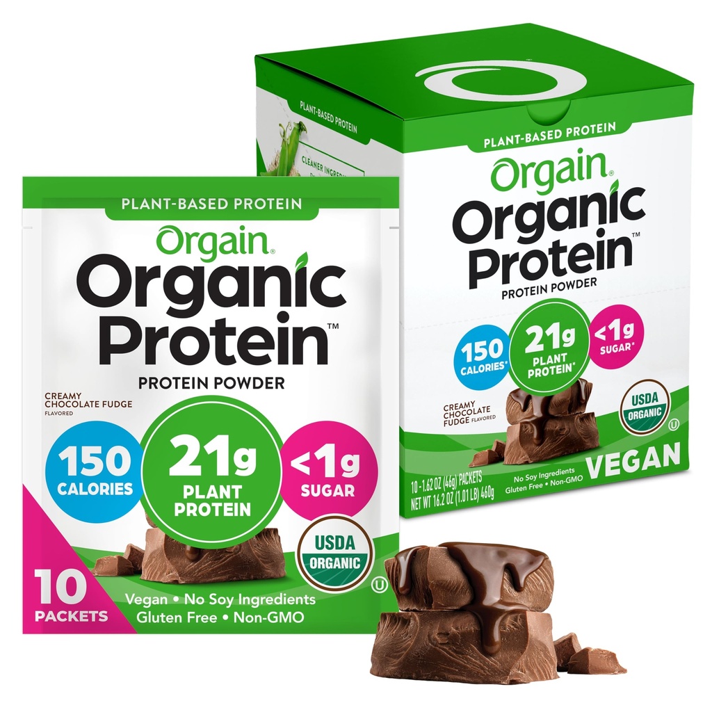Orgain Organic Vegan Protein Powder, Creamy Chocolate Fudge - 21g Plant Protein, 6g Prebiotic Fiber, Low Carb, No Lactosa Ingredients, No Added Sugar, Non- GMO, For Shakes & Smoothies, 10 Cestovní balení