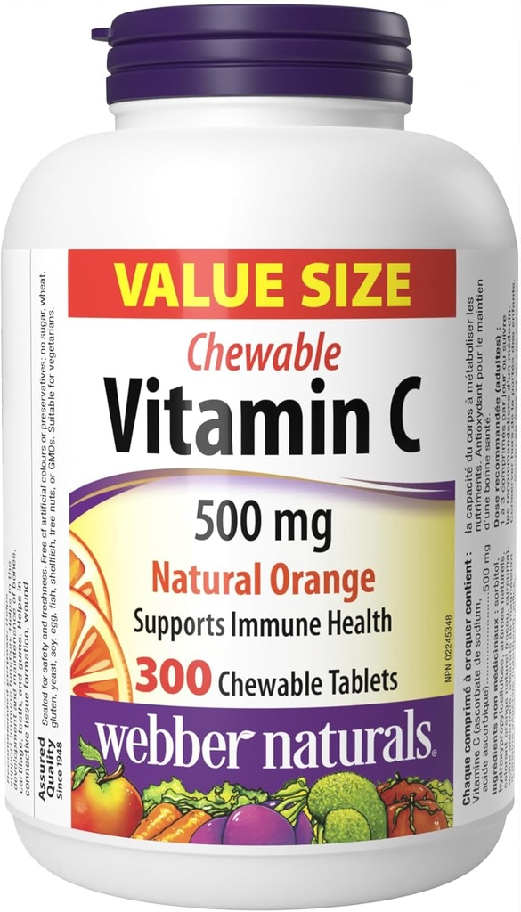 Webber Naturals Vitamin C, 300 žvýkací oranžové tablety, 500 mg vitaminu C per Tablet, kosti, zuby, imunitní a antioxidant podpora