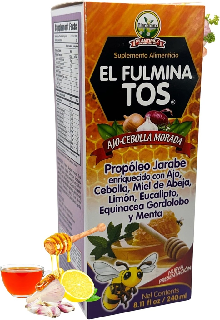 EL FULMINA TOS Propoleo + AJO + CEBOLLA + Miel + Limon + Eucalipto + Equinacea + Gordolobo & Menta (Propolis Syrup W / Garlic a Onion) 8.11 fl oz Nutritional Supplement Cough Syruption FULMINA TOS
