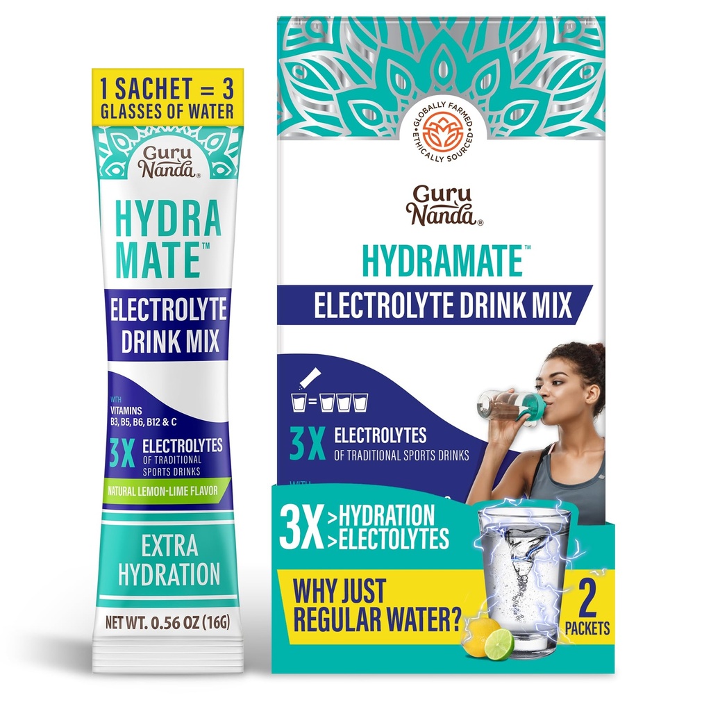 Hydratační podpěra Gurunanda - Electrolyte Powder Packets for Dehydratation, Cvičení & Energy - No Add Sweeters, Non-GMO, Natural Lemon Lime Flavor - 2 Count (0.56 oz Each)