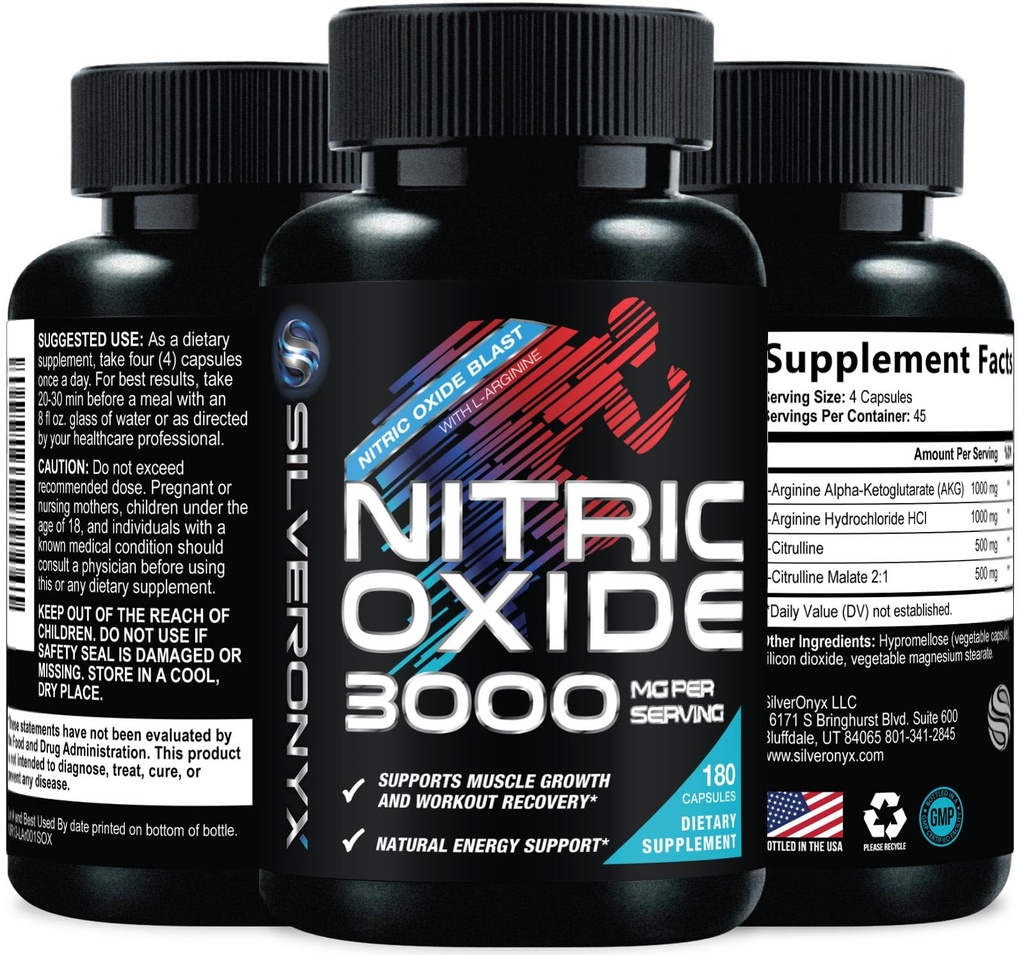 Extra Strength Oxid dusnatý Dodatek 3X Strengine L Arginin, Citrulline Malate, AAKG, Beta Alanin - Premium Muscle Supporting Nitric Booster - Přírodní energie a srdeční podpora zdraví - 180 Kapsle