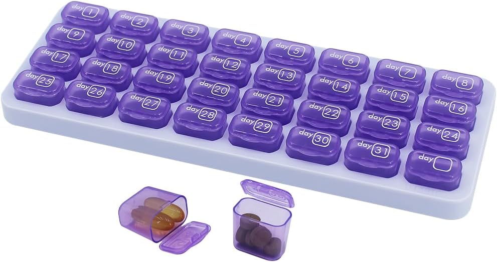 Měsíční Pořadatel pilulek, Velká cestovní Pill Box 31 Day, Denní Pouzdro Pill, Držák pilulek Kontejner na vitamín, Medicína, Dodatek, Rybí olej, Purple