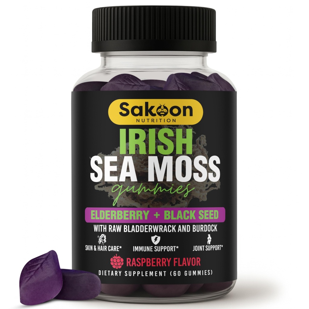 Irish Moss Gummies s Elderberry & Black Seed Oil - Celková podpora wellness 124; Bohaté na vitamíny, Malina Flavor 124; 60 Gummies