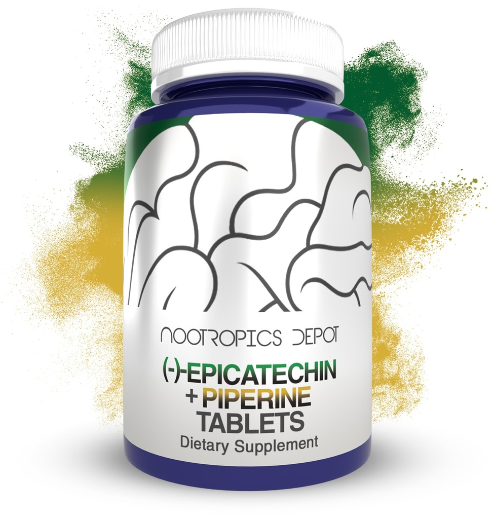 Nootropics Depot Epicatechin Tablety CLAS124; 200mg (−) − Epicatechin + 6mg Piperine for Biological Dostupnost CLAS124; Green Tea Extract CLAS124; Promotes Muscle Mass, Cardicular Health, and Energy CLAS124; 90 Count