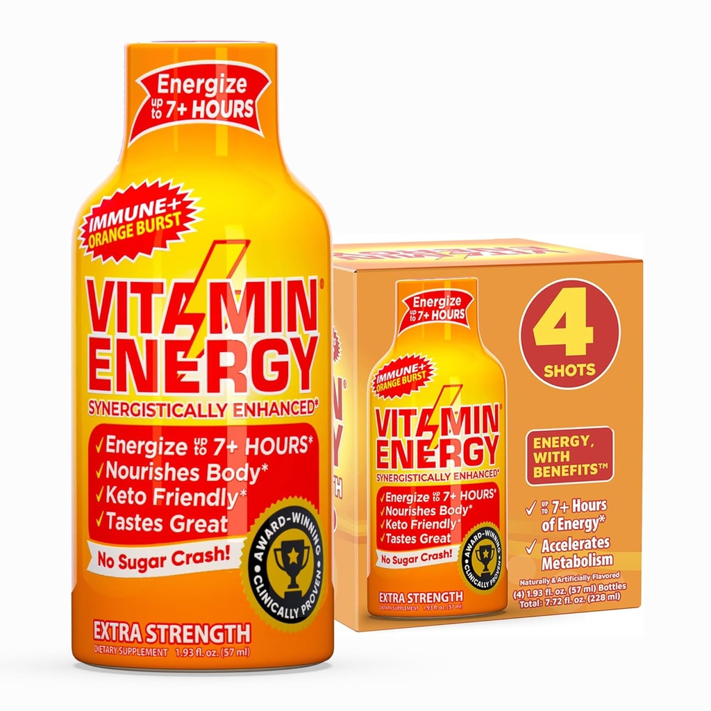 Vitamin Energy Imunní + Extra Síla Energy Shot - Orange Burst - 100% DV B-Vitamíny & 260mg Kofein - Nulové kalorie, Sugar- Free, Vegan, - Imunity & Energy Support - 1.93 fl oz, 4- Pack