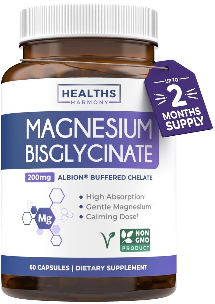Vysoká absorpce Magnesium Bisglycinát Kapsle - Klinicky validované Buffered and Chelated Magnesium Supplementation - 1 denní Veganová kapsle s laboratorně ověřenou Gentle 200mg Serving (2 Měsíční dodávka)