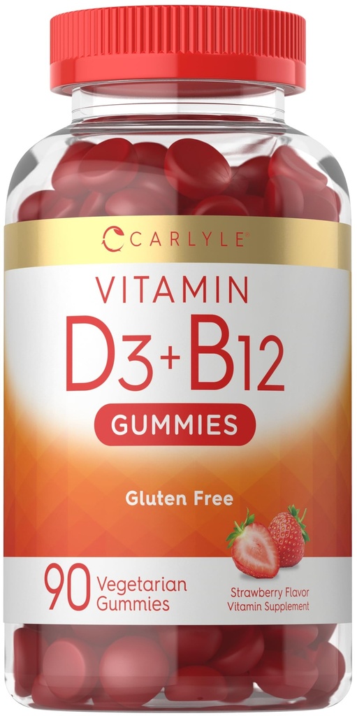 Carlyle vitamin D3 + B12 Complex Gummies PHAR124; 90 Count PHARMAN 124; Vegetarian, Non-GMO, a gluten Free Formule PHARMAN 124; Jahodové ochucené doplňky