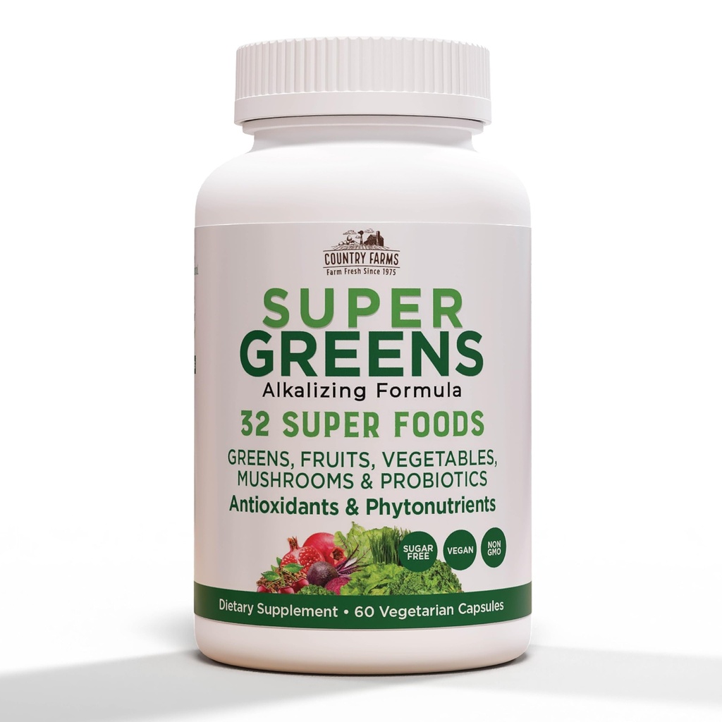 ZEMĚ ZEMĚ FARMS Super Zelené Vegicaps, 32 Super Foods, Celý doplněk stravy, Zelenina, Ovoce, Zelenina, Houby & Probiotika, Bohatí na antioxidanty & Phytonutrients, 120 Počet, 60 Služeb