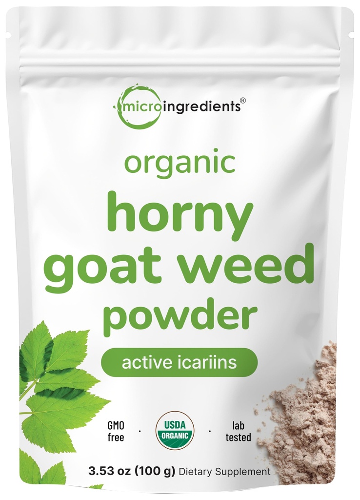 Maximální síla Organic Pure Horny Kozí Tráva s aktivní Icariiny pro muže a ženy, 100 Grams, Organic Epimedium prášek pro energii a imunitní systém Booster, Filler zdarma a Vegan Friendly