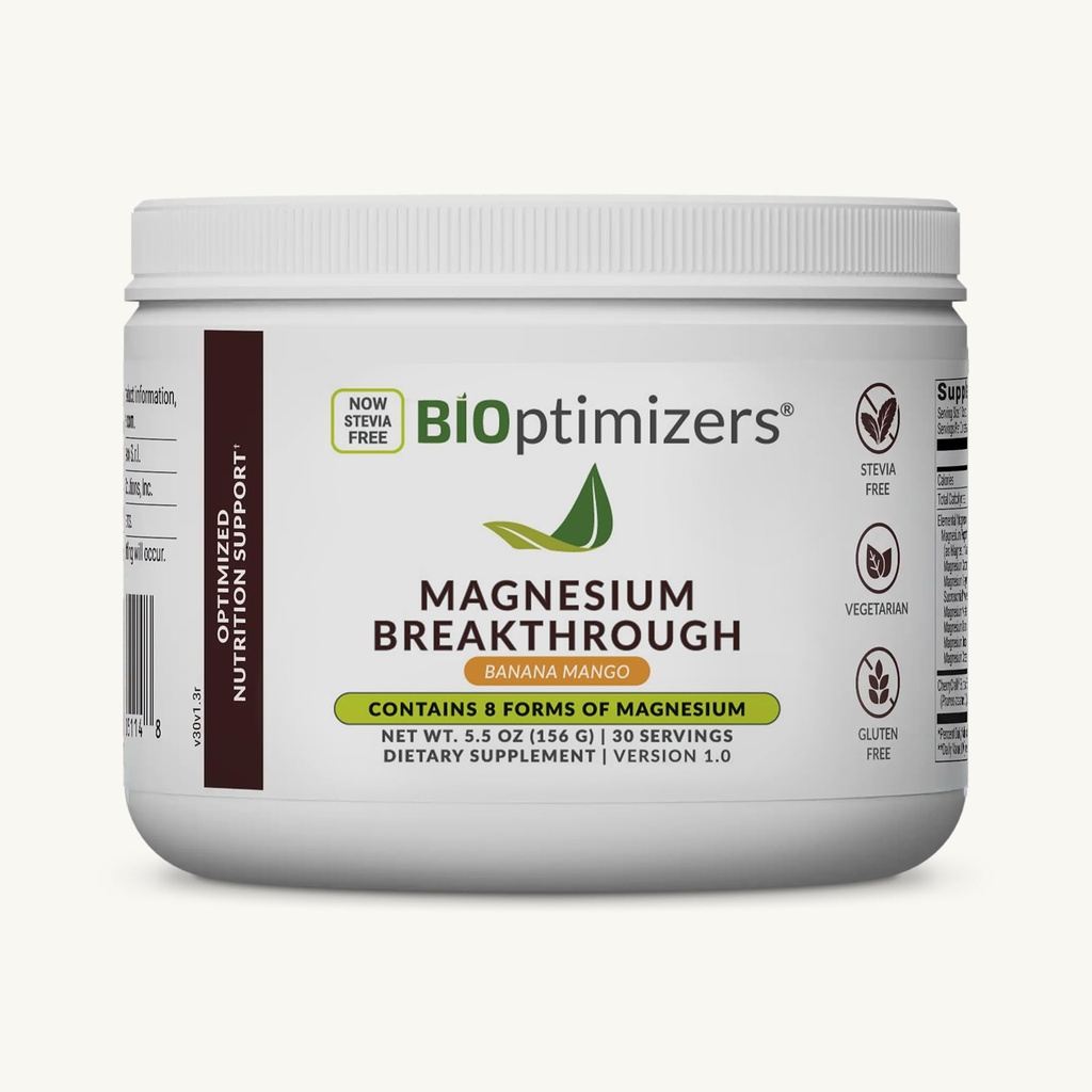 BiOptimizéry Magnesium Breakthrough Drink - 8 Formy hořčíku, Elektrolyty, Spánkové zdraví, Stres, Muscle Recovery, Podpora srdce 124; Glycinát, Citrát, Malate-Banana Mango
