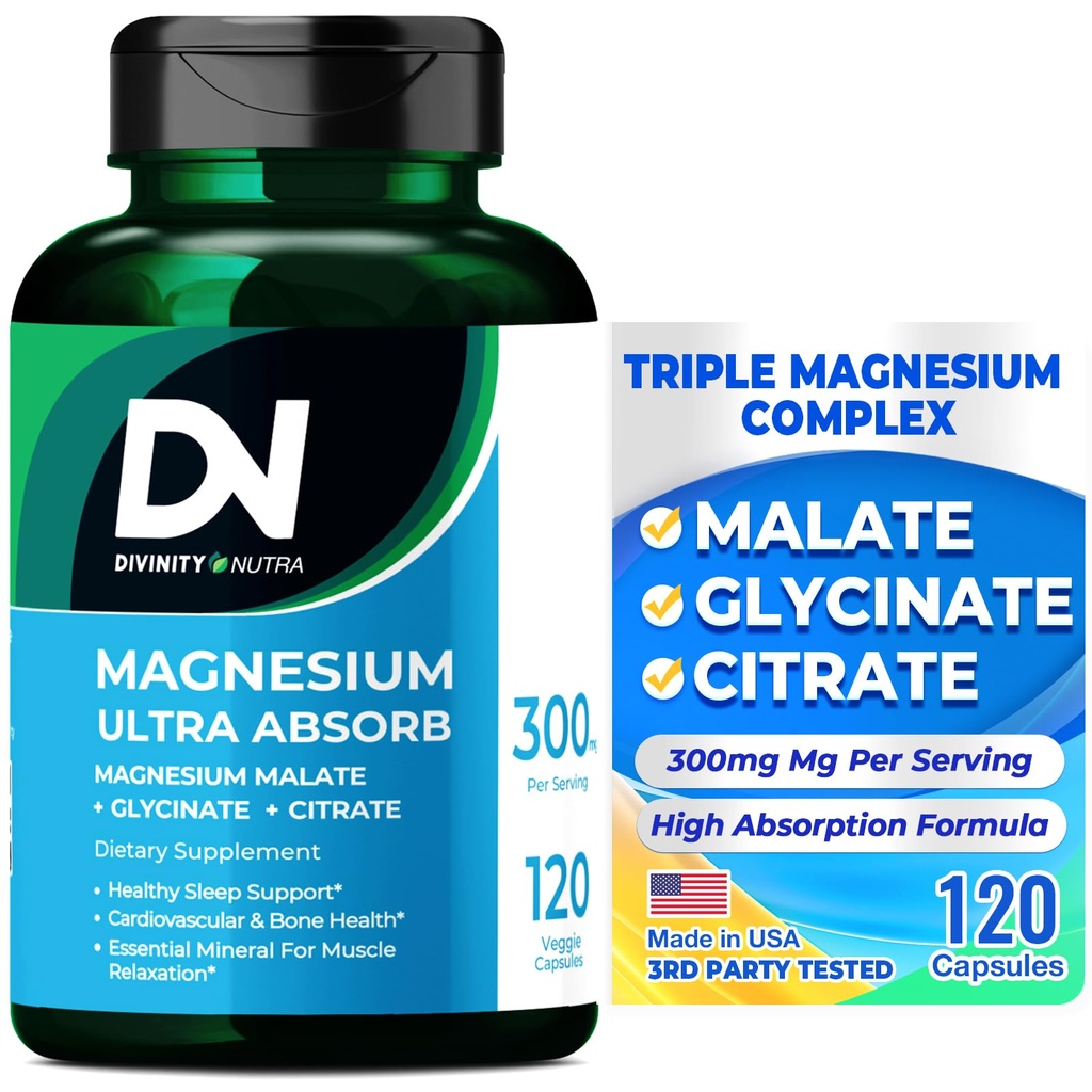 Divinity Nutra Triple Magnesium Complex, 300mg Glycinátu hořečnatého, Malate & Citrát pro svaly, Nervy, & Energie, vysoká absorpce, 120 Veganských kapslí Non- GMO USA Vyrobeno