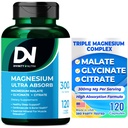 Divinity Nutra Triple Magnesium Complex, 300mg Glycinátu hořečnatého, Malate & Citrát pro svaly, Nervy, & Energie, vysoká absorpce, 120 Veganských kapslí Non- GMO USA Vyrobeno