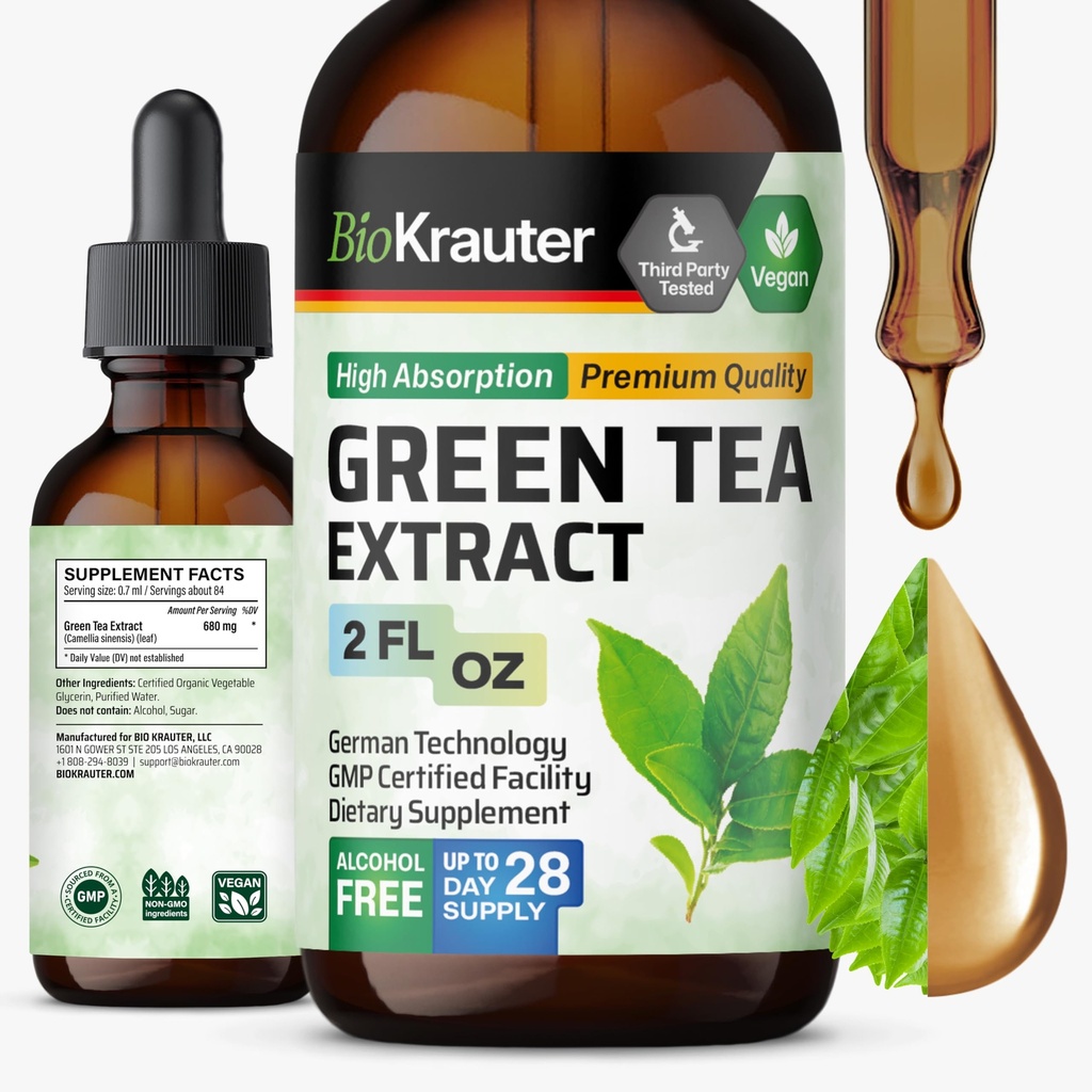 BIO KRAUTER Green Tea Extract Liquid Drops - Zelený čaj doplňky - Antioxidant Source - Alkohol a cukr zdarma - 2 Fl.Oz.