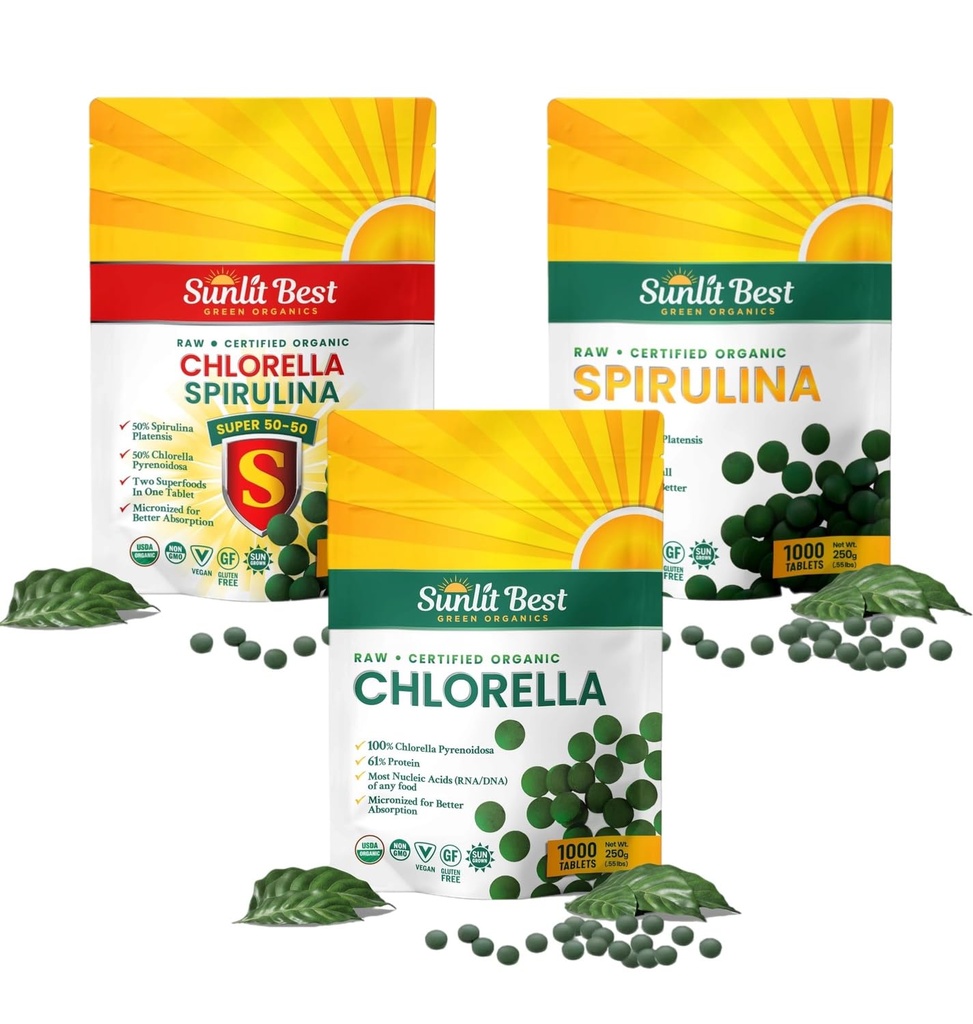 Sunlit Nejlepší Ultimate Chlorella & Spirulina Bundle 124; Super zelené doplňky pro imunitní podporu, Gut zdraví, Mood & Energy