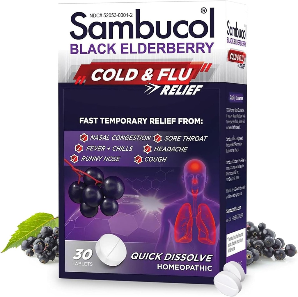 Sambucol Cold and Flu Relief Tablety - Homeopatická studená medicína, Remedy pro dospělé, Black Elderberry pro nachlazení, Zinek Remedy - 30 Počet
