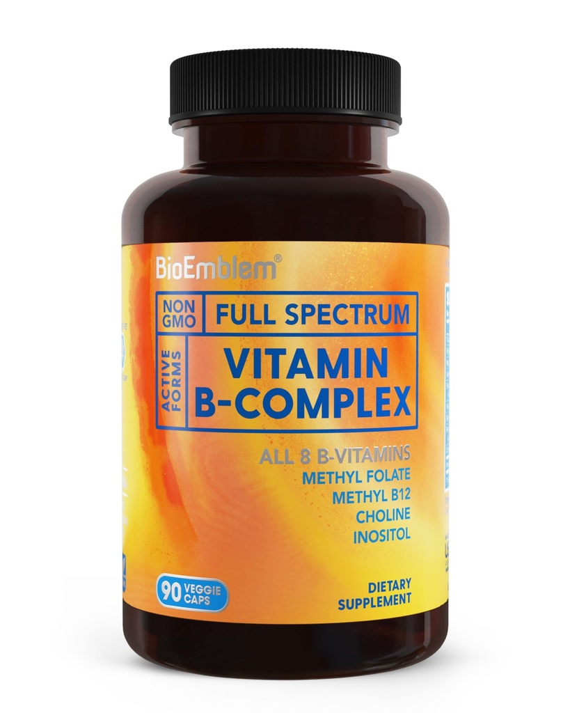 BioEmlem Vitamin B- Complex - všech 8 aktivních forem s methylfolátem, methyl B12, B6, Biotin Plus Cholin Inositol, Podporuje energii, metabolismus, mozek, srdce zdraví - B vitamin dodatek 90 Kapsle