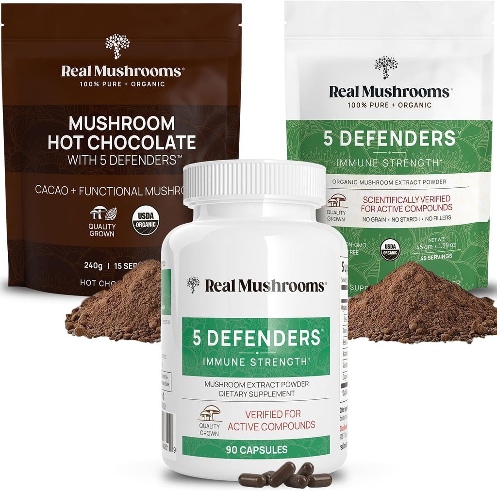 Pravé houby Hot Chocolate Mix (15srv), 5 obránců Extract Powder (45srv), a 5 obránců doplňky (90ct) Bundle na podporu imunity a celkové wellness - gluten- Free, Non- GMO, Vegan