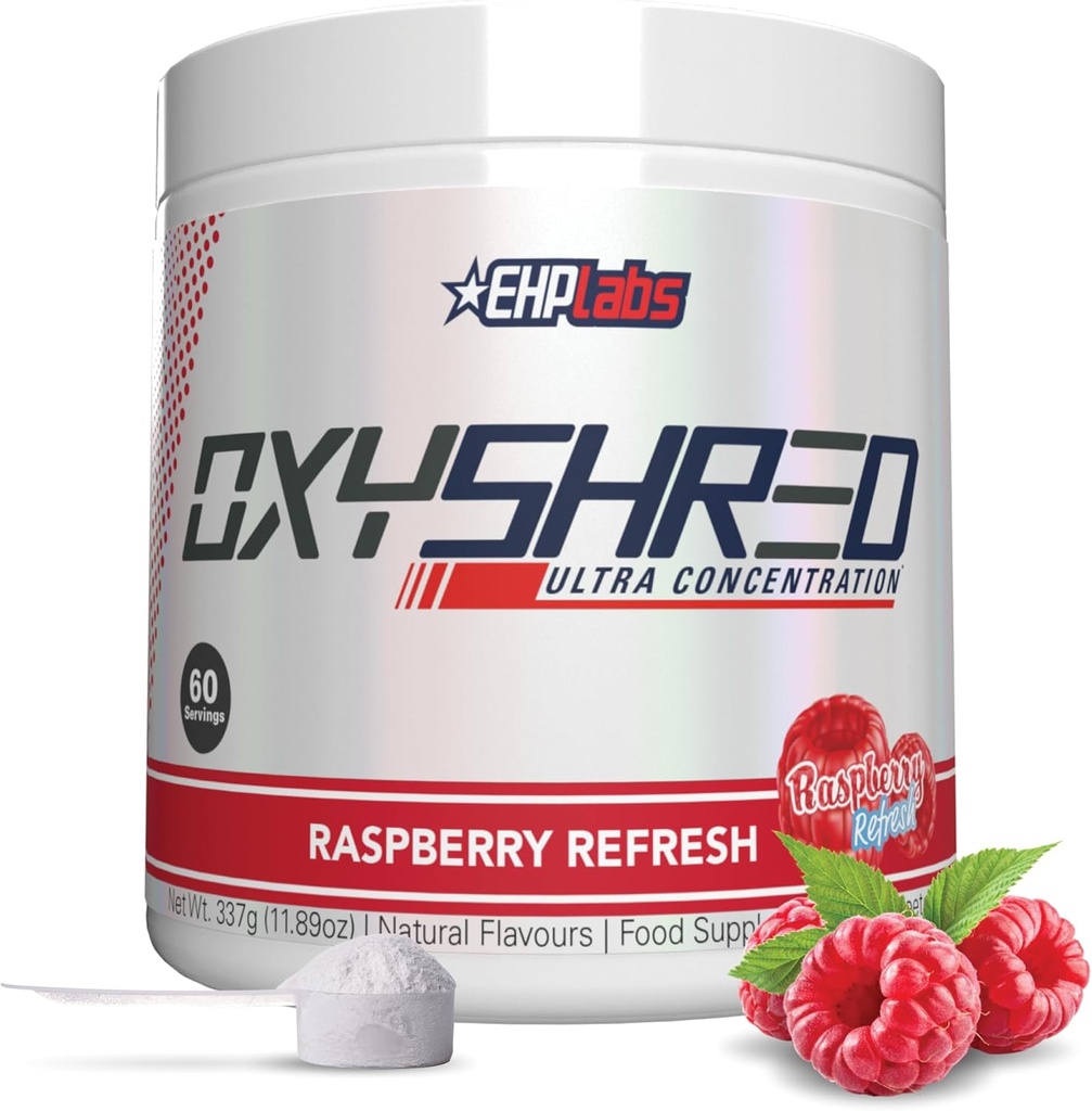 EHP Labs OxyShred Pre Workout Powder - Presping Powder with L Glutamine & Acetyl L Carnitin, Energy Boost Drink - Raspberry Refresh, 60 Servings