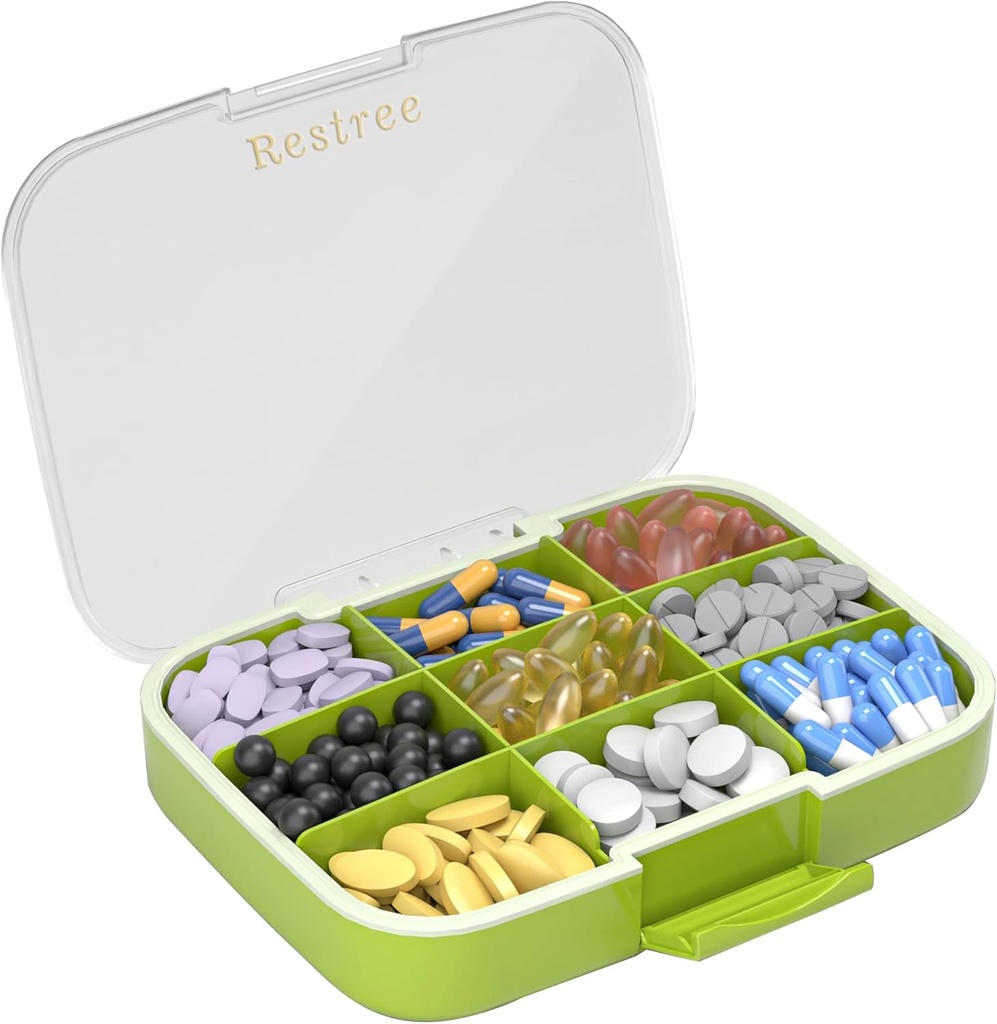 Restree Big Pill Organizátor, Moisture Proof & Waterproof Travel Pill Pouzdro, Přenosná medikace Box s nastavitelnými děliče pro vitaminy doplňky Rybí olej a denní pilulky 9 Compartments (Zelená)