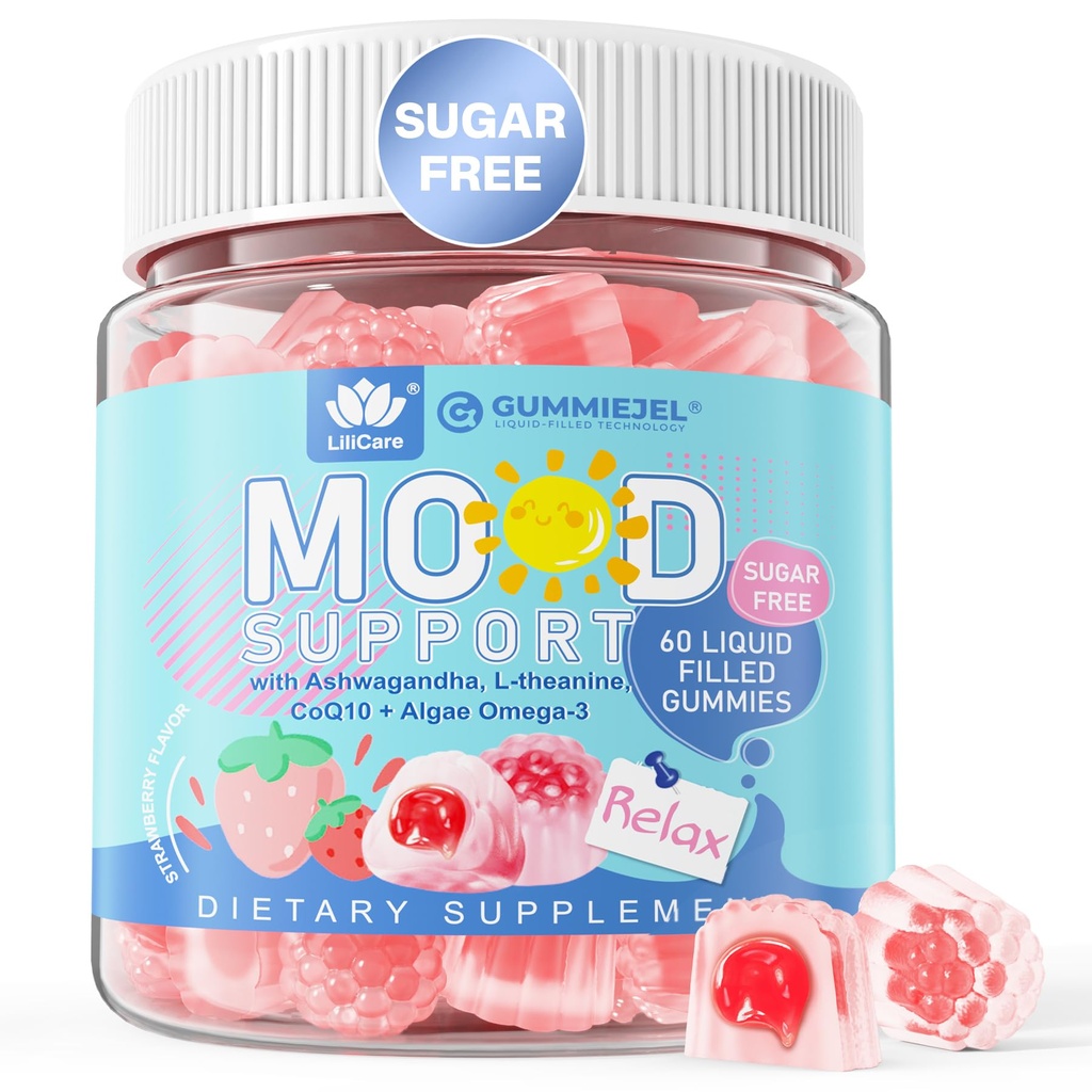 Ashwagandha Saffron Climate Gummies + Omega 3, L- Theanine & CoQ10 pro ženy muže, Přírodní uklidňující Happy Relax Gummies pro dospělé, Mood Supplement Gummy, Jahodová Flavor, Cukr zdarma, Vegan, 60ct