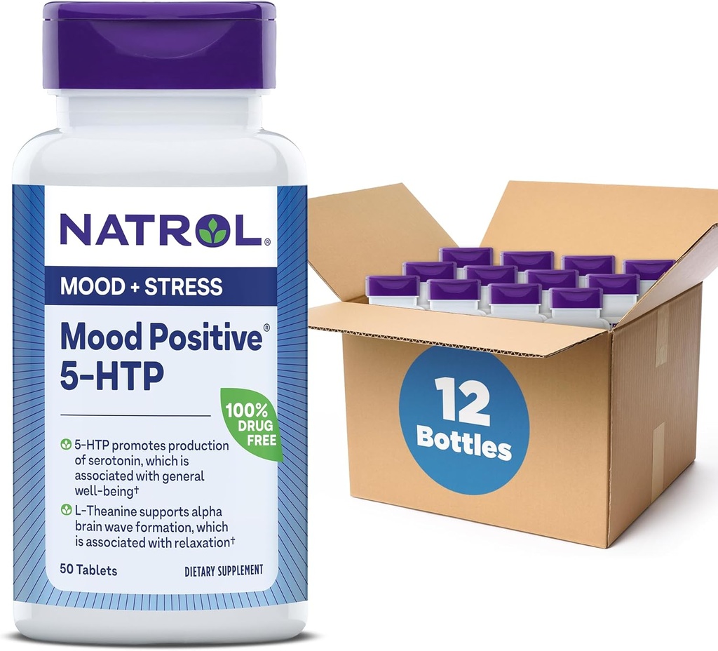 Natrol Mood Pozitivní 5-HTP 50mg s L- Theanin, Vitamin B6, Vitamin B12 a folát, Dietní dodatek pomáhá podpořit pozitivní nálady, 50 Tablety, 25-50 denní zásoba (balení po 12)