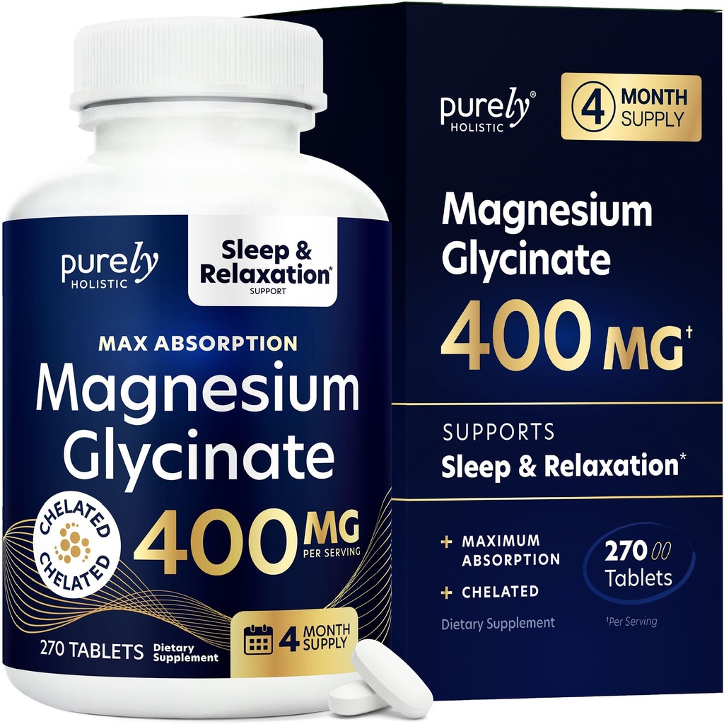 Glycinát hořečnatý 400mg - 270 tablet hořčíku (ne Kapsle) - 400 mg Elemental Magnesium - Vysoce biologicky dostupný - Vegan a Vegetarián - pro zlepšení spánku, zmírnění stresu a křeče obrany