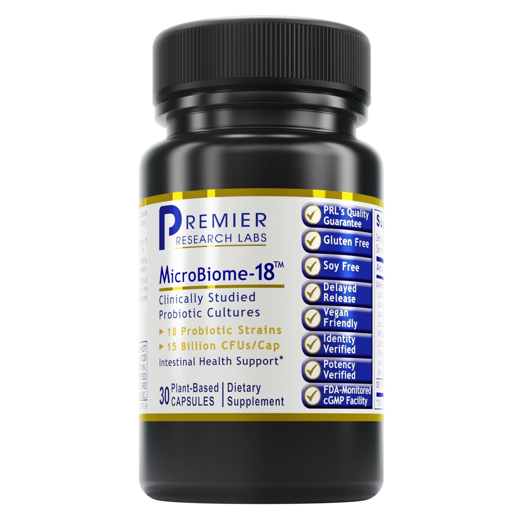 Premier Research Labs MicroBiome-18 - Probiotika pro dietetické zdraví, Probiotika s Lactobacillus Acidophilus pro ženy a muže, Reuteri pro zdravé Gut Microbiome - 30 Vegetariánské kapsle
