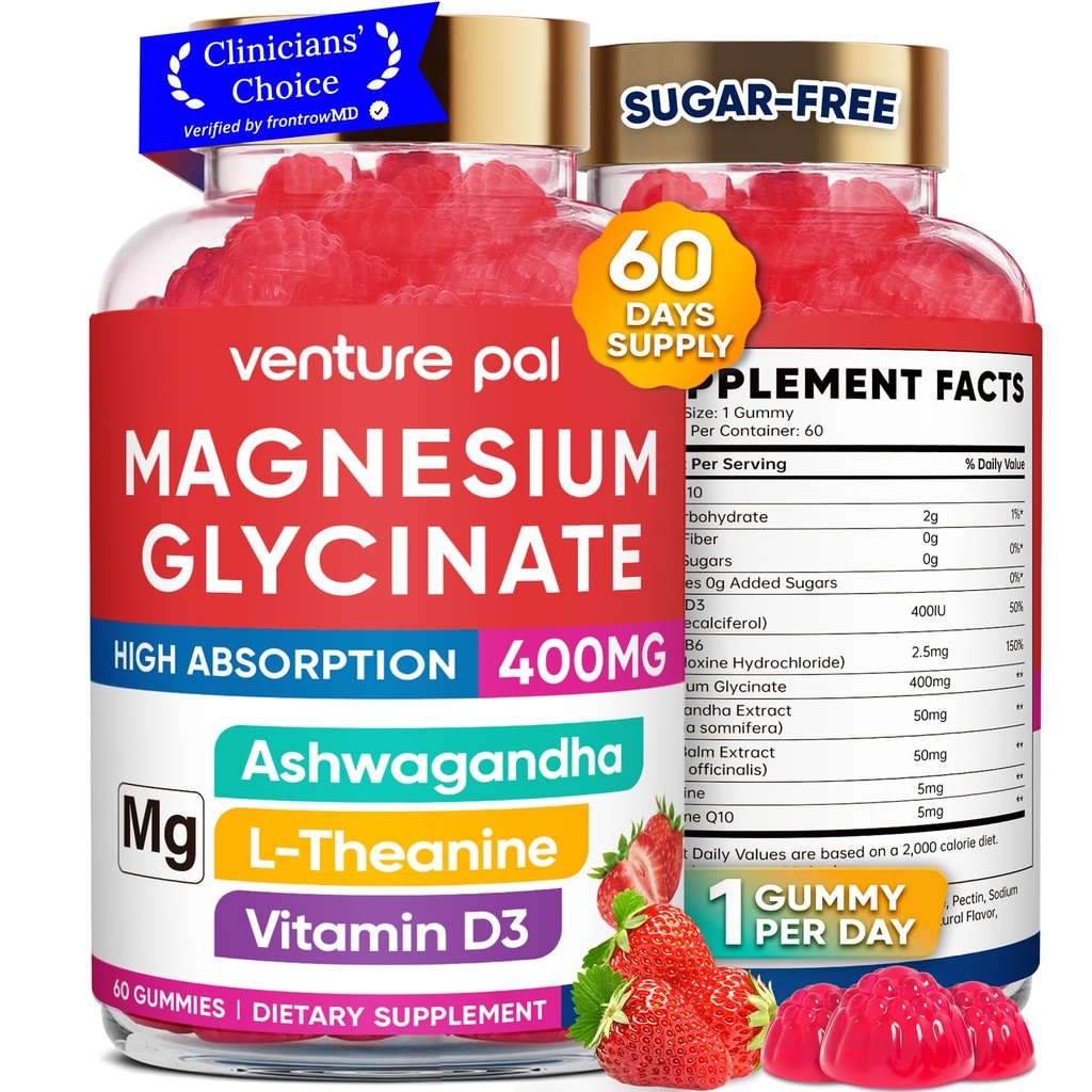 60 Day Dodávka Glycinát hořčíku 400mg gumové s Ashwagandha, L-Theanine, CoQ10, Vitamin D3 & B6, Bez hořčíku gumy pro dospělé a děti, Stress Relief, Spánek & klid, Vegan, Gluten zdarma