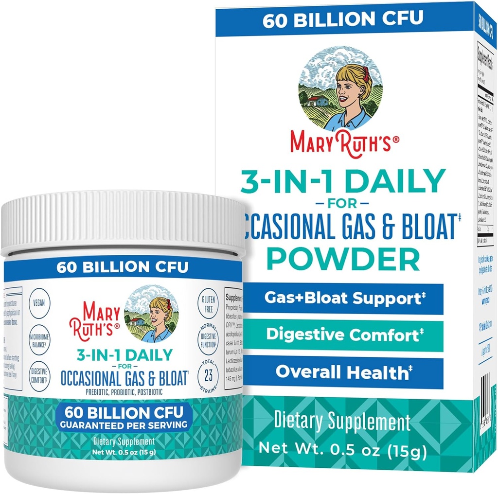 MaryRuth Organics 3- in-1 Gas & Bloat Probiotics PHAR124; Probiotika pro normální stravovací funkce PHAR124; Probiotika pro ženy & Muži PHAR124; Prebiotika & Postbiotika PHAR124; 60 miliard CFU PHAR124; Stabilní PREZISTA 124; 0,5 oz
