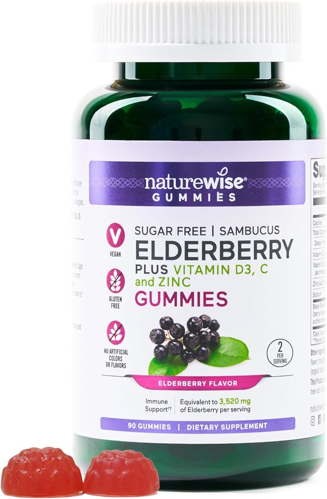 NatureWise Sambucus Elderberry Gummies - Sugar- Free - Denní doplněk imunitní podpory pro děti a dospělé *, s vitamínem C, D3, zinek - Vegan, gluten zdarma, Non- GMO - 90 Počet [45- denní zásobování]