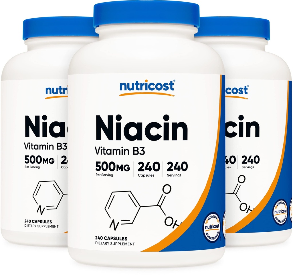 Nutricost Niacin (vitamin B3) 500mg, 240 tobolek (3 lahve) - Niacin Flush