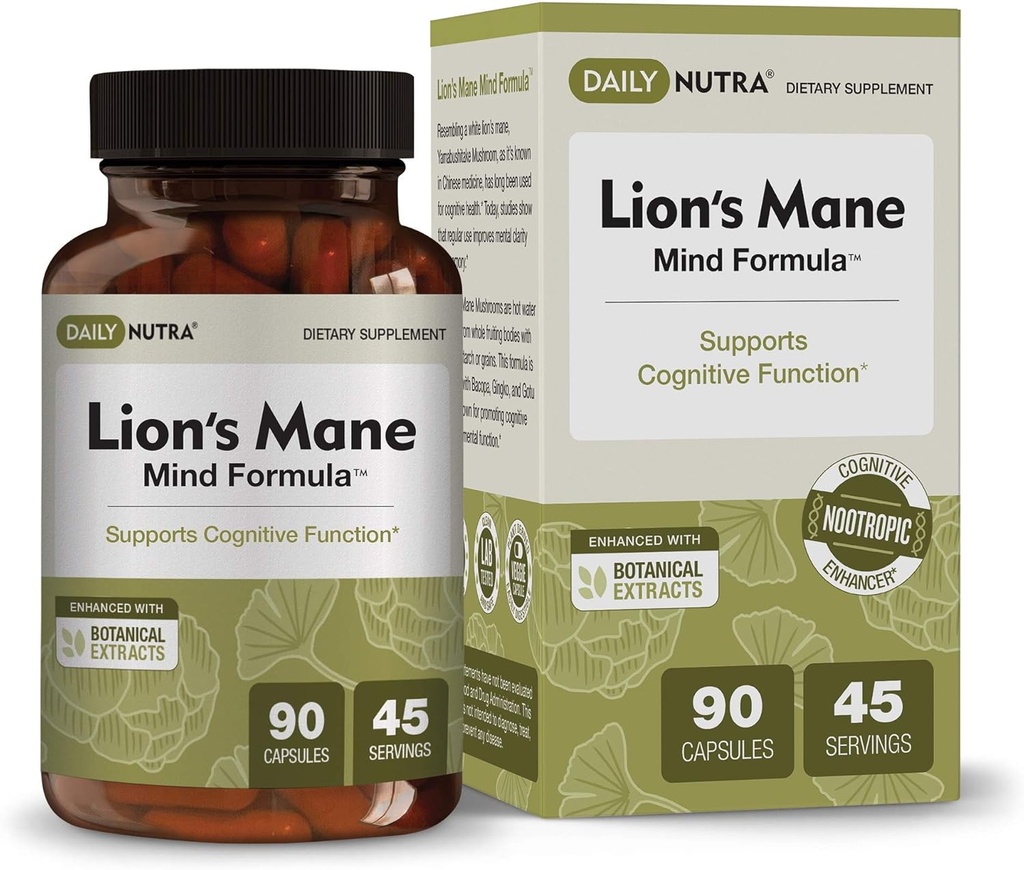 DailyNutra Lion 's Mane Mind Formule - Nootropní dodatek pro kognitivní zdraví mozku 124; Organic Mushroom Extract with Bacopa, Gingko, and Gota Kola (90 Kapsle)