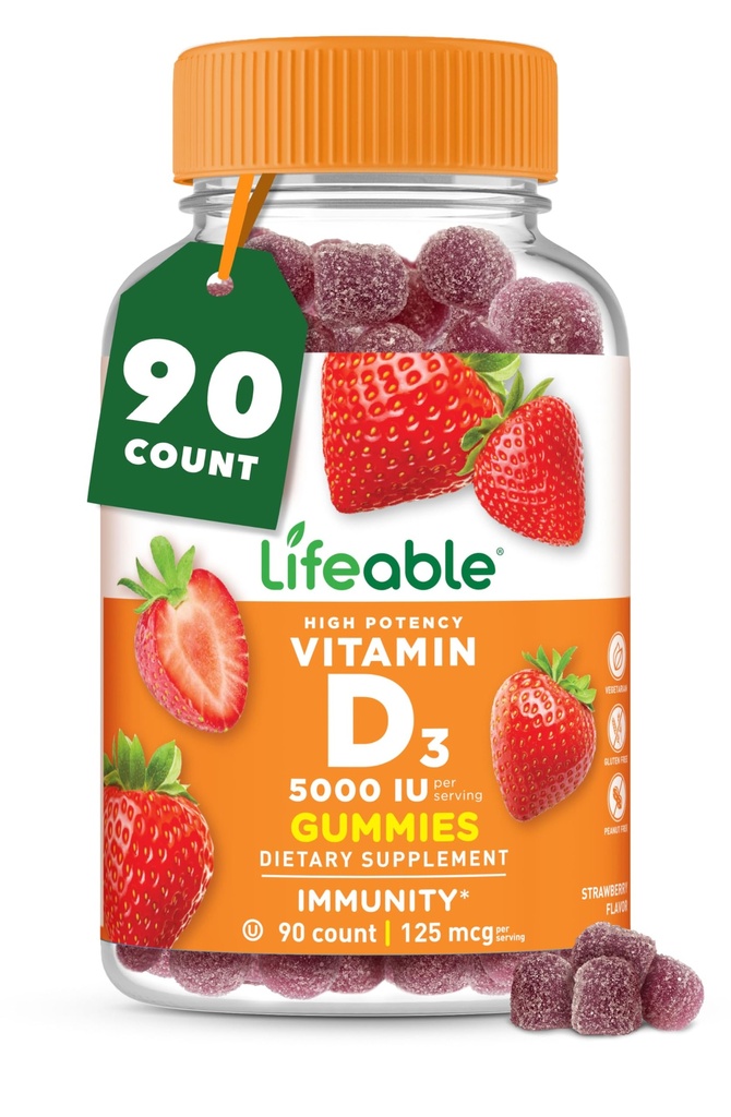 Vitamin D Gummies pro dospělé 124; 5000 IU vitaminu 124; Velký Ochutnávání D3 vitaminu vitaminu 124; Imunitní podpora a zdravé kosti doplněk vitaminu D pro muže, ženy 124; 90 Gummies gama 124; Lifeable