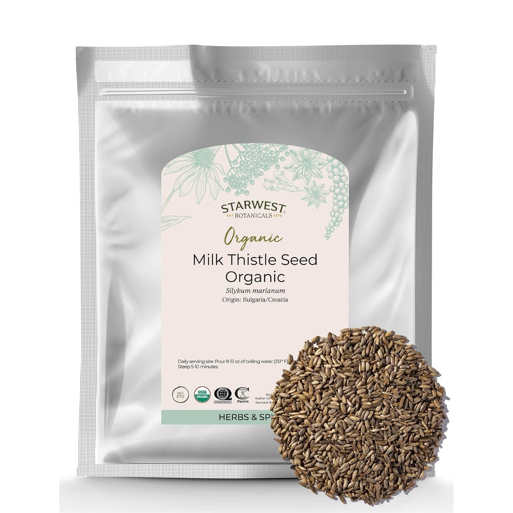 Starwest Botanicals Organic Milk Thistle Seed Whole - Loose Leaf Milk Thistle for Tea & Vaření, Mix in Juice, Přidat do Smoothies, Ovesné moučky, & Jogurt, Certified Kosher, Non- GMO - Bulk 1 LB Bag