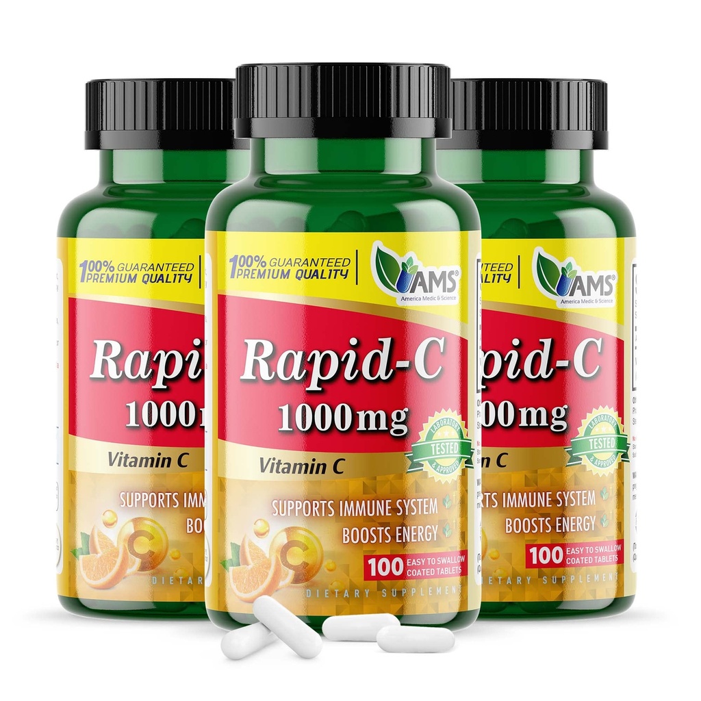 America Medic & Science Rapid-C 1000mg vitamin C dodatek (3 balení 100 tablet) Energy Booster, Denní imunitní systém Podpora, Antioxidant current124; Vegan, Non- GMO potažený askorbická kyselina pro dospělé muže a ženy