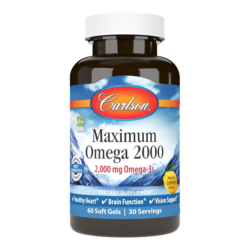 Carlson - Maximum Omega 2000, 2000 mg Omega-3 mastné kyseliny včetně EPA a DHA, Wild- catched, Norský dodatek k rybím olejům, Udržitelně sourced fish oil capsules, Lemon, 60 Softgels