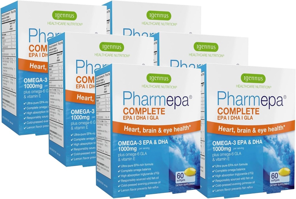 Igennus Pharmepa Kompletní EPA 668mg & DHA 334mg Omega33 Fatty Acids 1000mg, Ifos Certified, rTG Form, High Potency Fish Oil Plus Omega-6 & 9 from GLA Evening Primrose Oil, Lemon Flavor, 360 Softgels