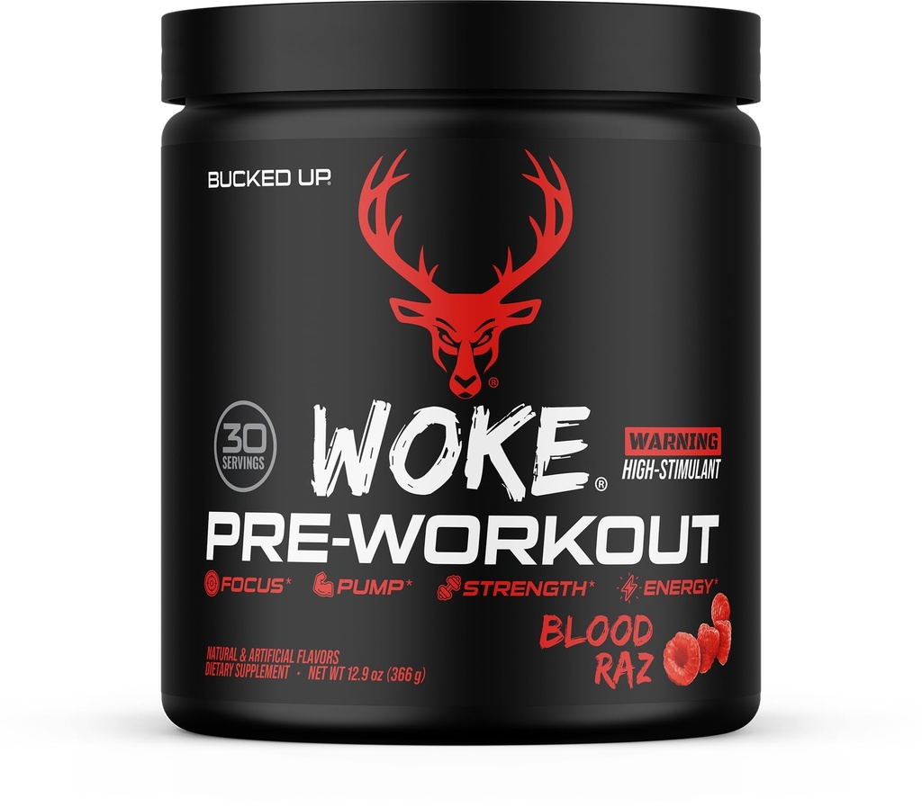 Bucked Up - Wake - HIGH STIM Pre Workout - Nejlepší Ochutnávání - Focus Nootropic, Pumpa, Síla a růst, 30 Služeb (Blood Raz)