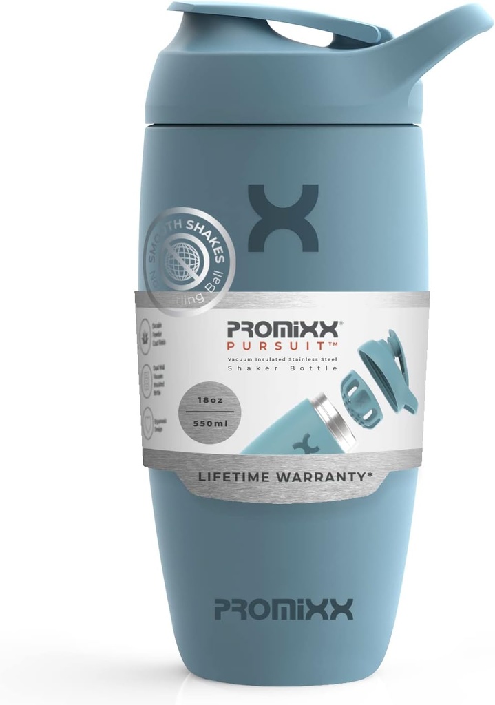 Promixx Pursuit Shaker Lahvička izolovaná nerezová ocel láhev vody a Shaker Cup, 18oz, Ocean Calm Blue
