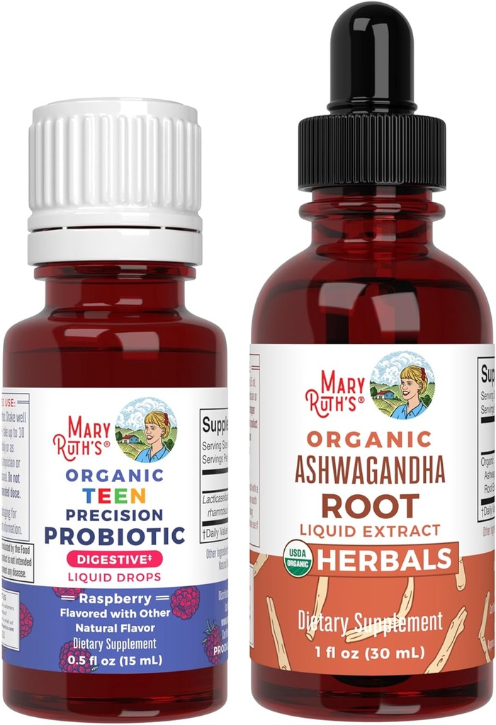 MaryRuth Organics Precision Probiotic Drops for Teens (Raspberry) & Ashwagandha Drops CU124; USDA Organic CU124; Vitaminy pro Gut Health, Relaxation, & Celkově Wellness CU124; Vegan, Non- GMO, gluten zdarma