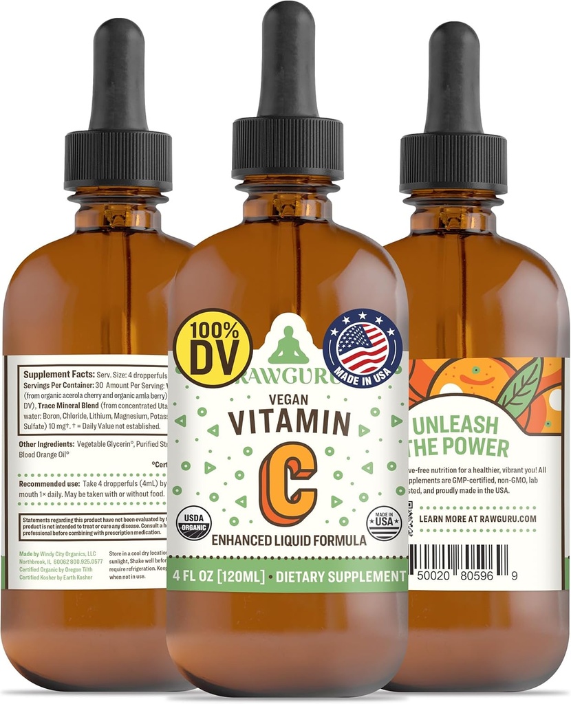 RawGuru Organic Vitamin C Tinktura - Tekutý vitamín C s stopovými minerály - Nano- Zpracovaný antioxidant & Imunitation Supplement Tincture - 30 Doručování Veganských kapek na 120 ml, Balení 1