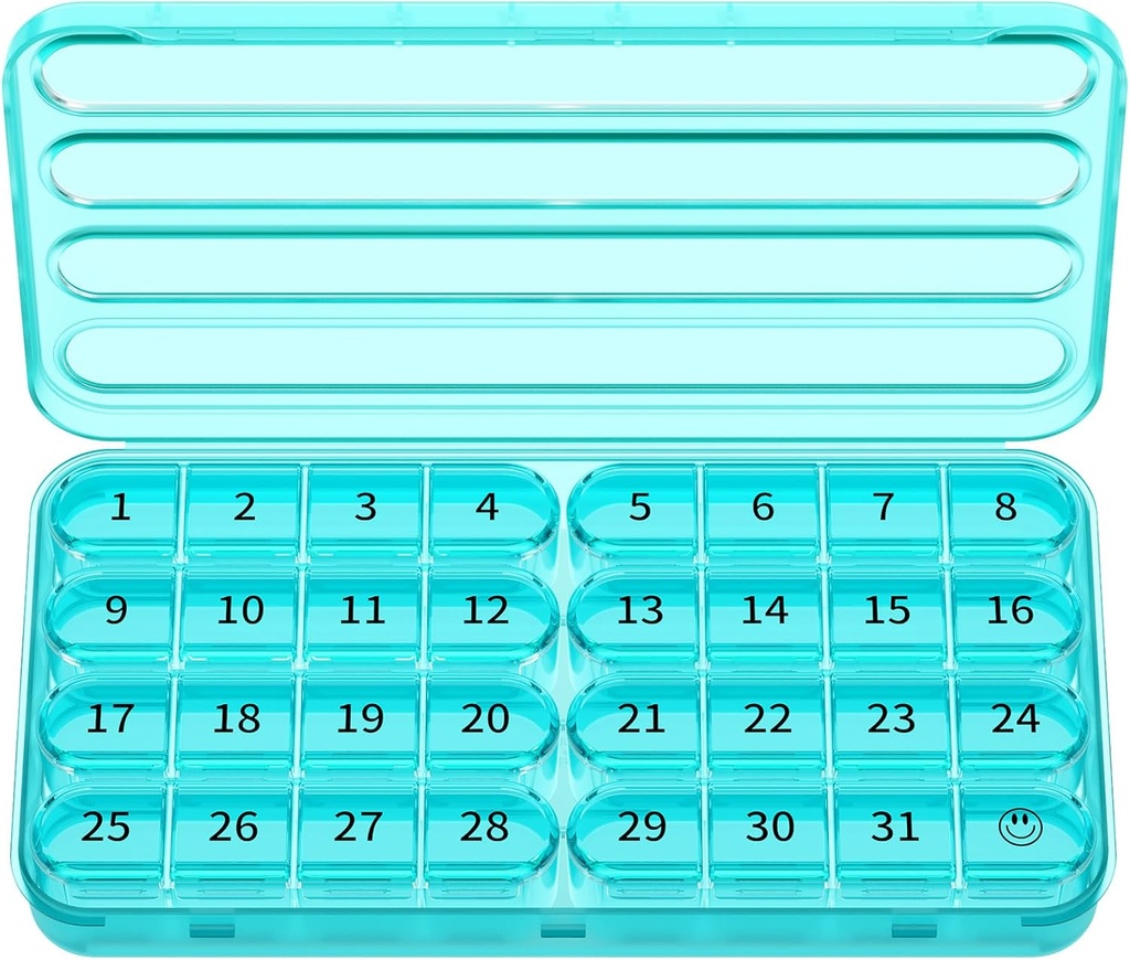 Zoksi Monthly Pill Organizer 1 krát denně, 30 Day Pill Box Organizátor, Jeden měsíc Pill Pouzdro na cestu, 31 Daily Medcine Kontejner na vitamíny, dodatek a léky (Cyan)
