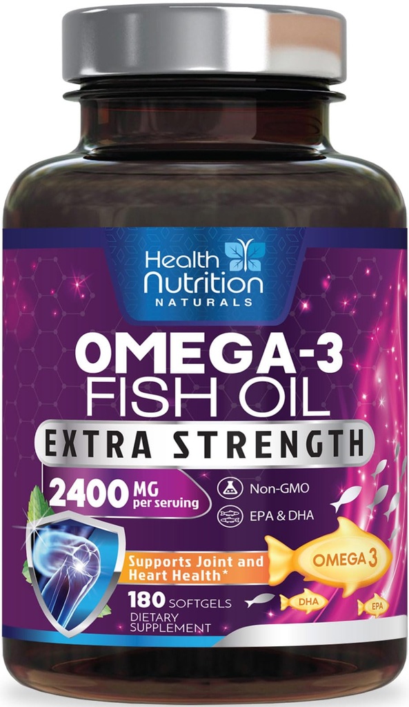 Omega 3 Fish Oil 2400 mg - Triple Force Omega3, EPA & DHA Fatty Acids Supplementary - Přírodní podpora pro imunitní, srdeční a mozkové zdraví - Wild Catch, Non- GMO, Lemon Flavor, Burless - 180 Softgels