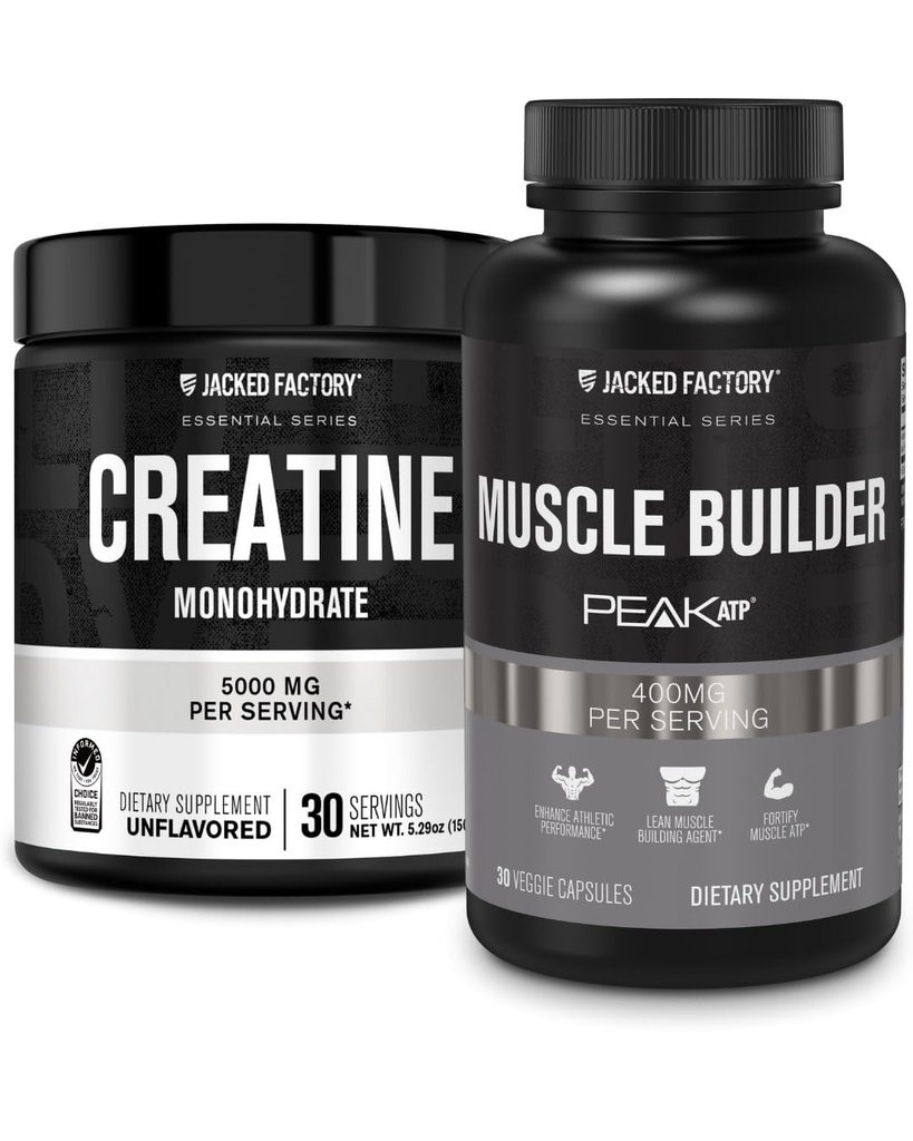 Jacked Factory Creatine Monohydrát Powder 150g - Creatin dodatek pro růst svalů, zvýšená síla & Essentials Muscle Builder - Denní budování svalů s PeakATP (30 Kapsle)