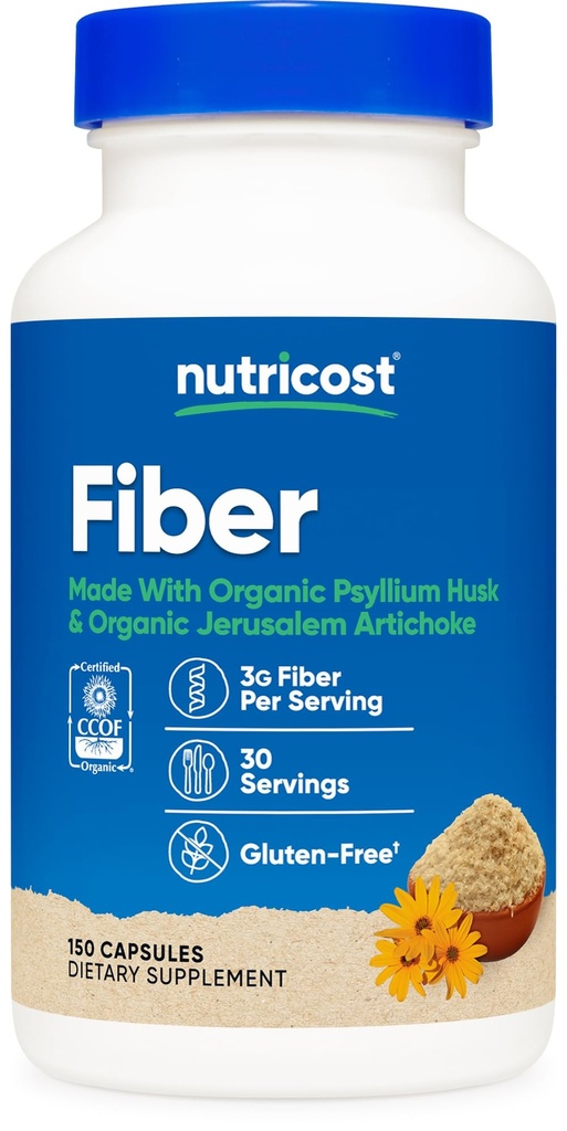 Nutricost Fiber Kapsle s Prebiotic Fiber Dodatek 150 Kapsle - CCOF Certified dodatek, Made with Organic Psylium Husk & Organic Jerusalem Artichod, Gluten Free, 3 G per Serving