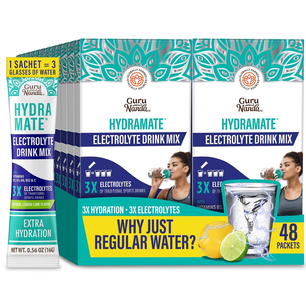 Hydratační Hydratační podpěra Gurunanda - Electrolyte Powder Packets for Dehydratation, Cvičení & Energy - No Add Sweeters, Non-GMO, Natural Lemon Lime Flavor - 48 Počet (0.56 oz Each)