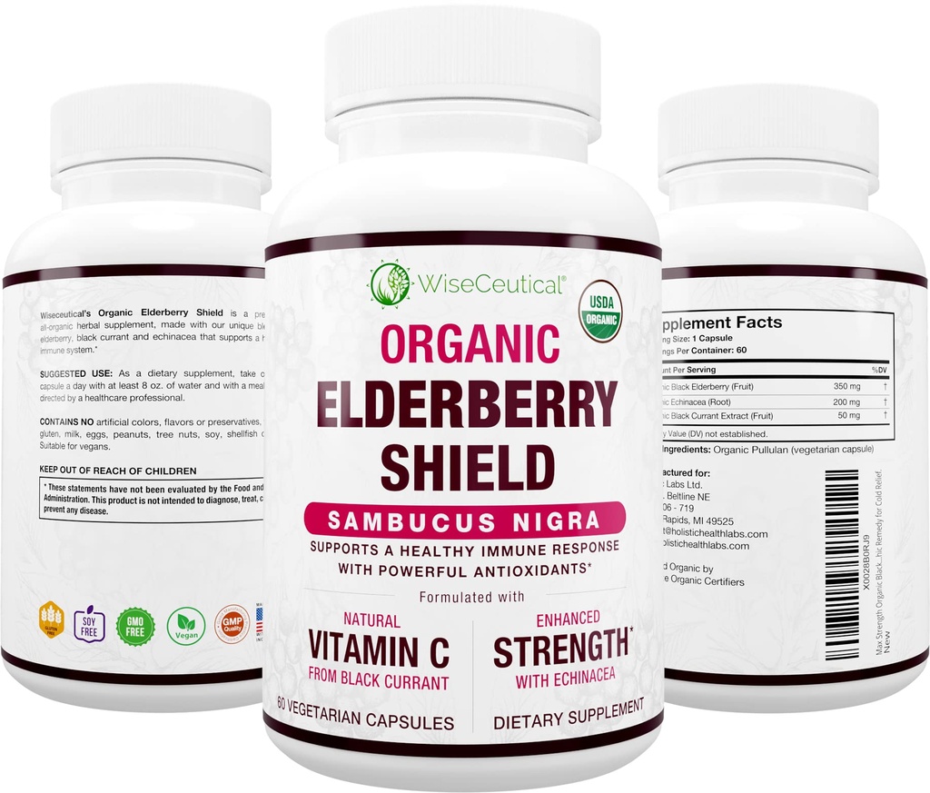 Max Strength USDA Organic Black Elderberry, Black Currant Extract & Echinacea CARL 124; 3 in 1 Natural Imunitary Support & Vitamin C CARL 124; Sugar- Free, Vegan- Friendly CARL 124; Homeopatické remedy 124; 60 Count