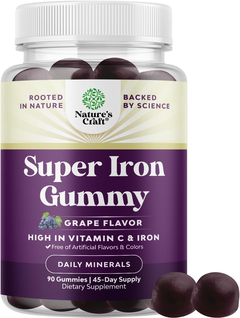 Extra síla železné gumy pro ženy a muže - Potenciál 45 mg na servírování Žvýkací doplněk pro ženy a muže s vitaminem C pro vyšší absorpci - Vegan Daily Iron Gummy No Umělé Flavors