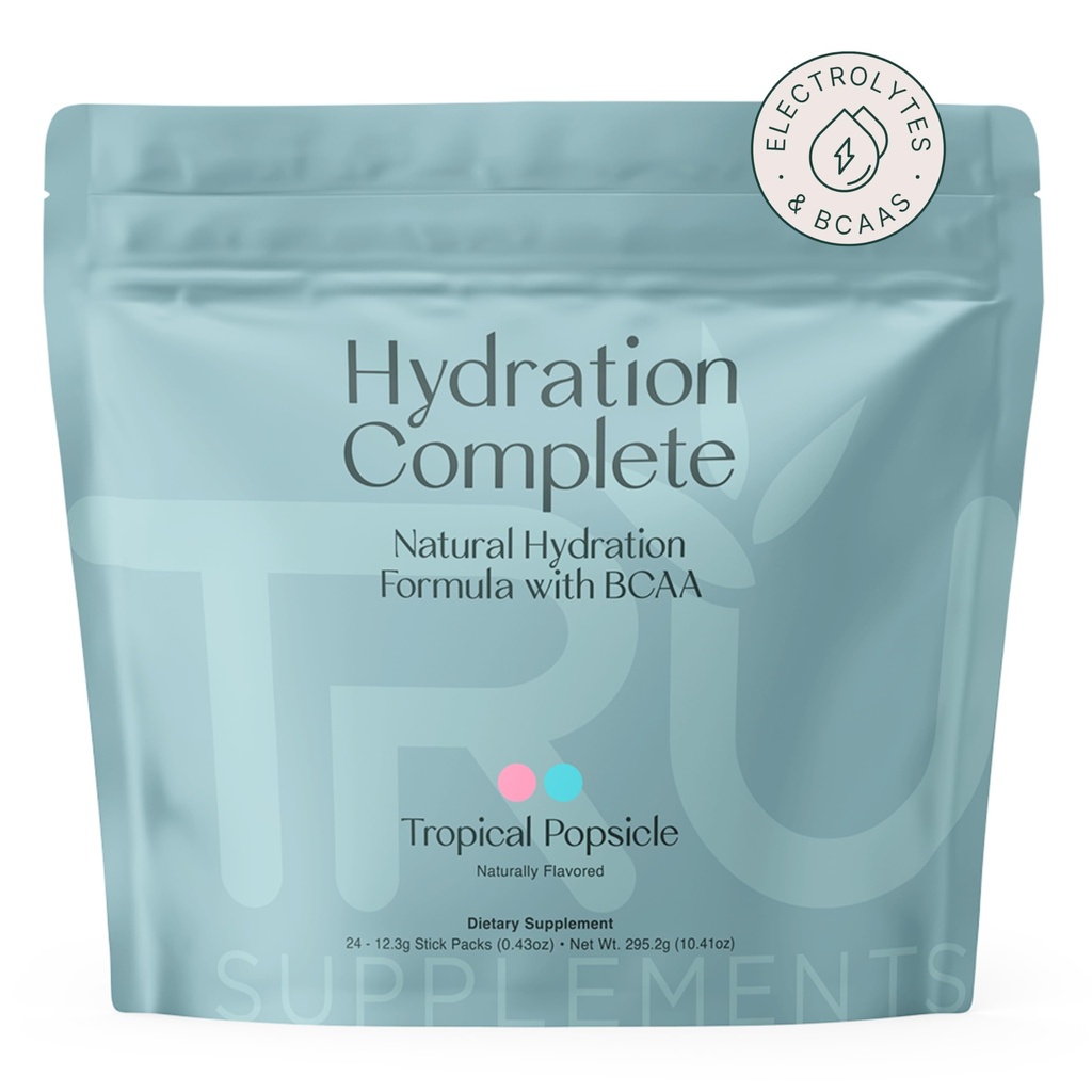 Doplňky TRU Hydration Complete BCAA, Aminokyseliny na bázi rostlin + růžová himalájská sůl, Electrolytes & L- karnitin, Vegan, Nulové kalorie, Žádná umělá sladidla, 24 Servings, Tropical Popsicle
